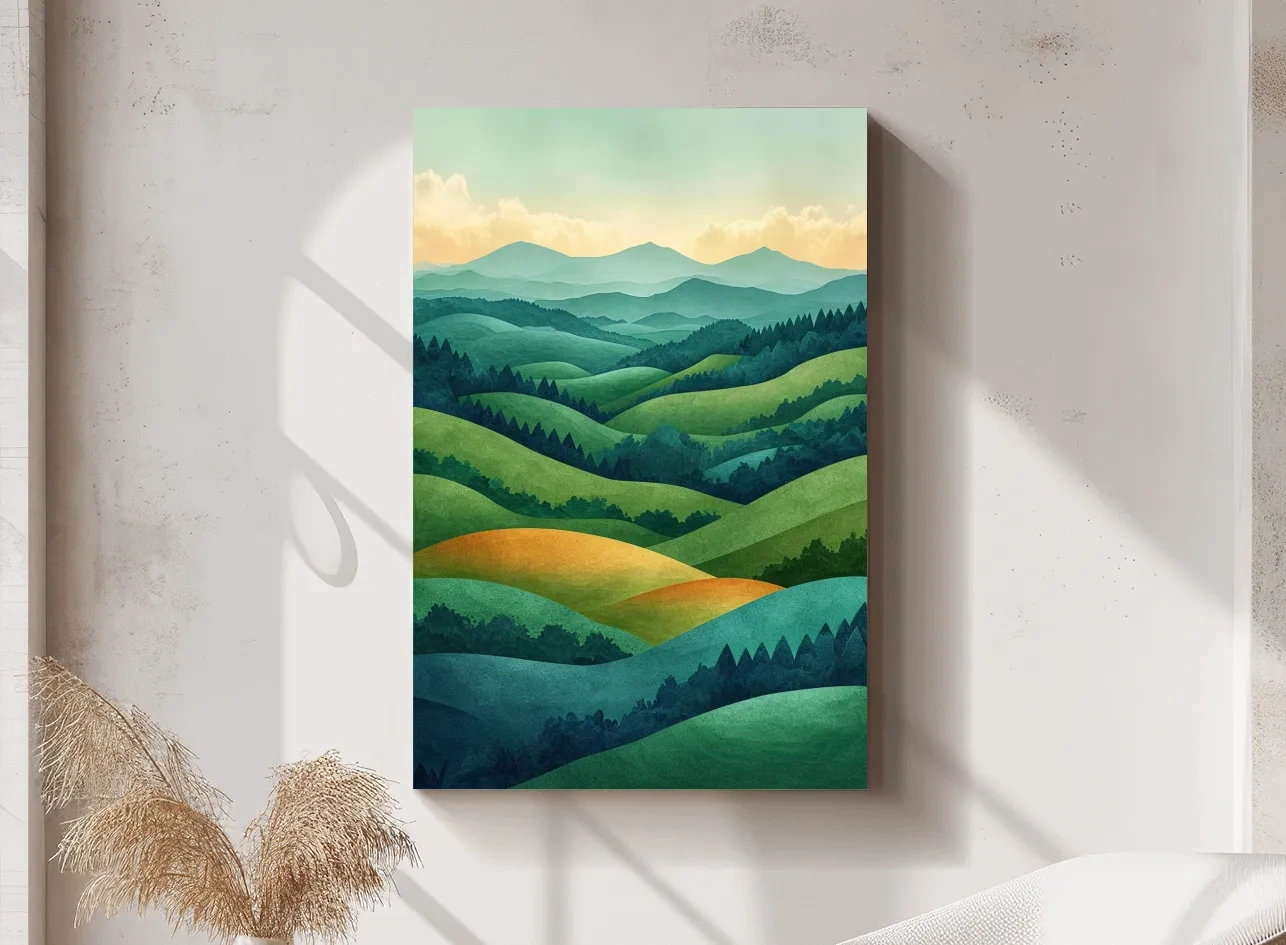 Layered Emerald Rolling Hills Landscape - Serene Scandinavian Nature Wall Art
