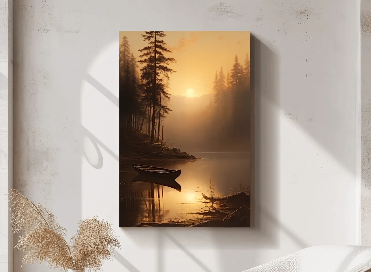 Misty Golden Lake Sunrise With Canoe - Serene Pine Forest Mountain Landscape Wall Art