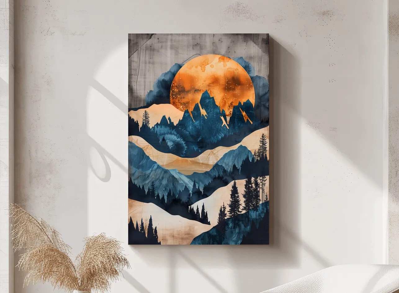 Moody Abstract Mountain Sunset - Forest Watercolor Wall Art