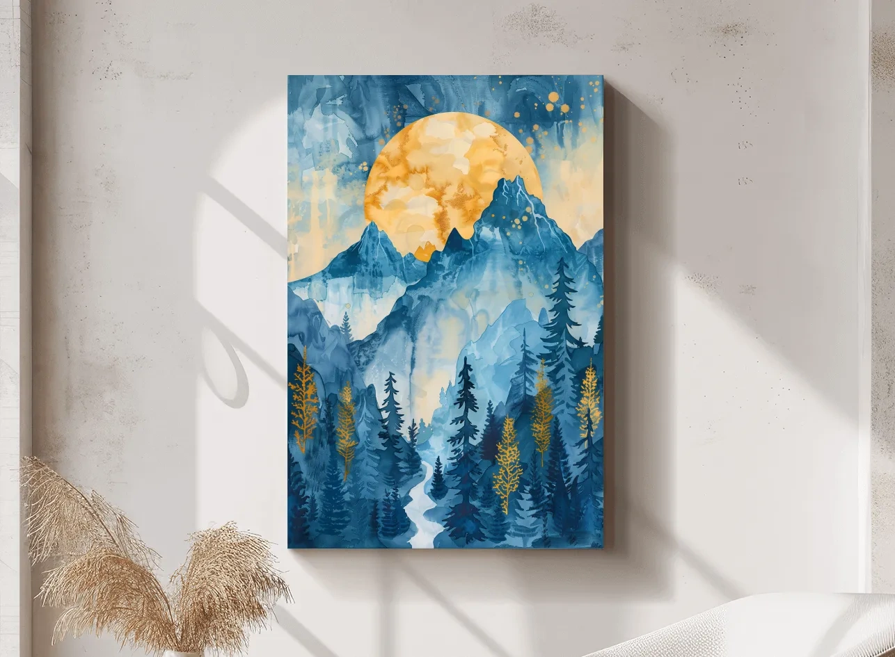 Alpine Sunset Watercolor Painting - Mountain Forest Landscape Wall Art