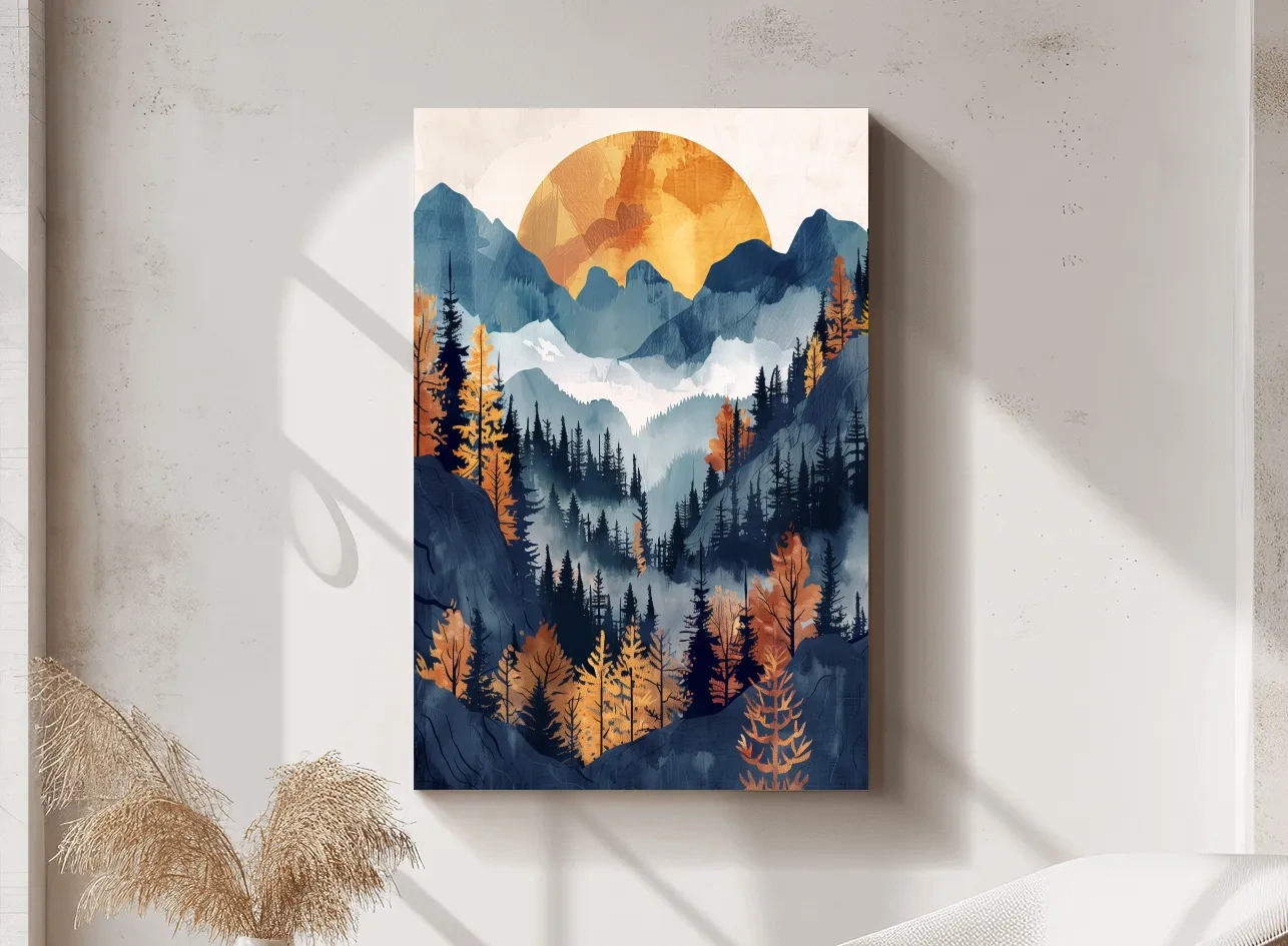 Foggy Autumn Alpine Forest Sunset - Modern Watercolor Mountain Wall Art