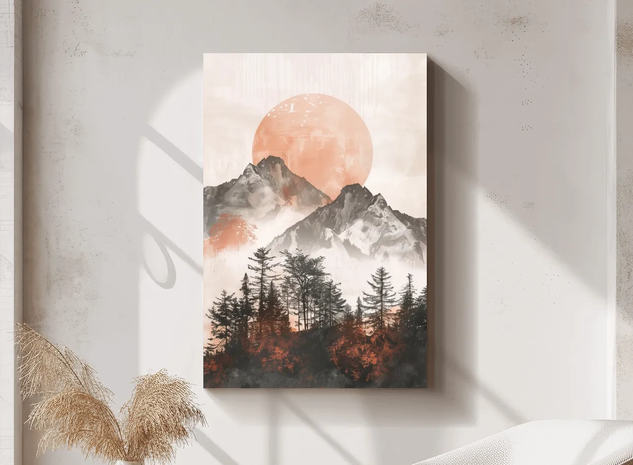 Japandi Mountain Sunrise With Pine Forest - Minimalist Watercolor Landscape Art