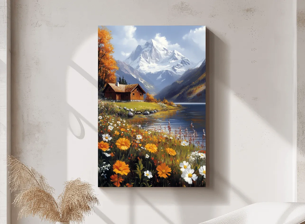 Autumn Alpine Lake Cabin Impressionist Painting - Snowcapped Mountain Wildflower Wall Art