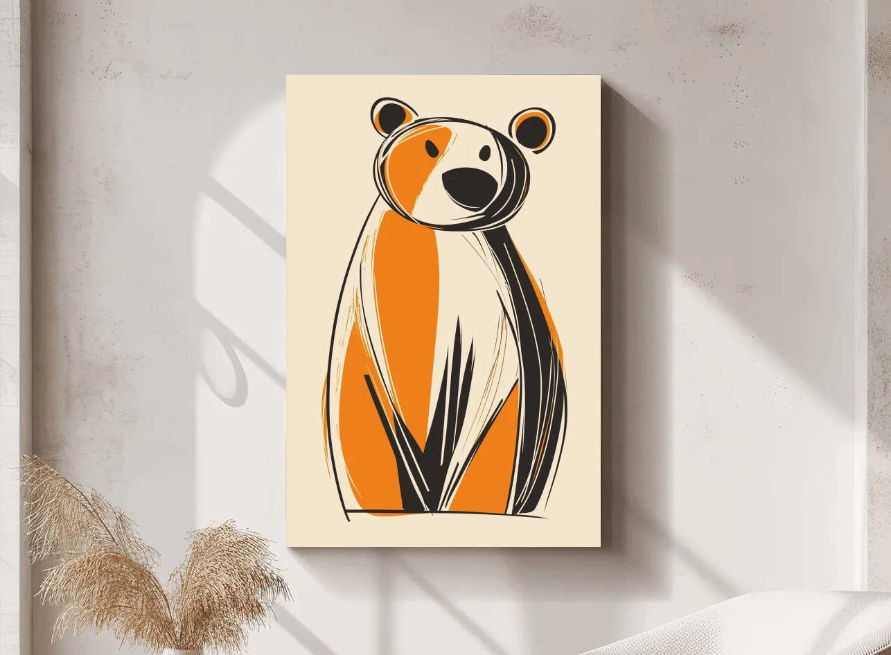 Mid-Century Modern Bear Caricature - Minimalist Wildlife Wall Art