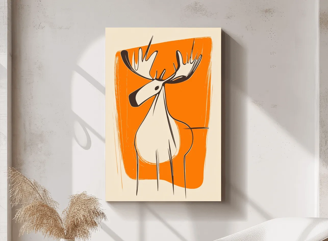Mid-Century Minimalist Moose Caricature Illustration - Modern Wildlife Wall Art