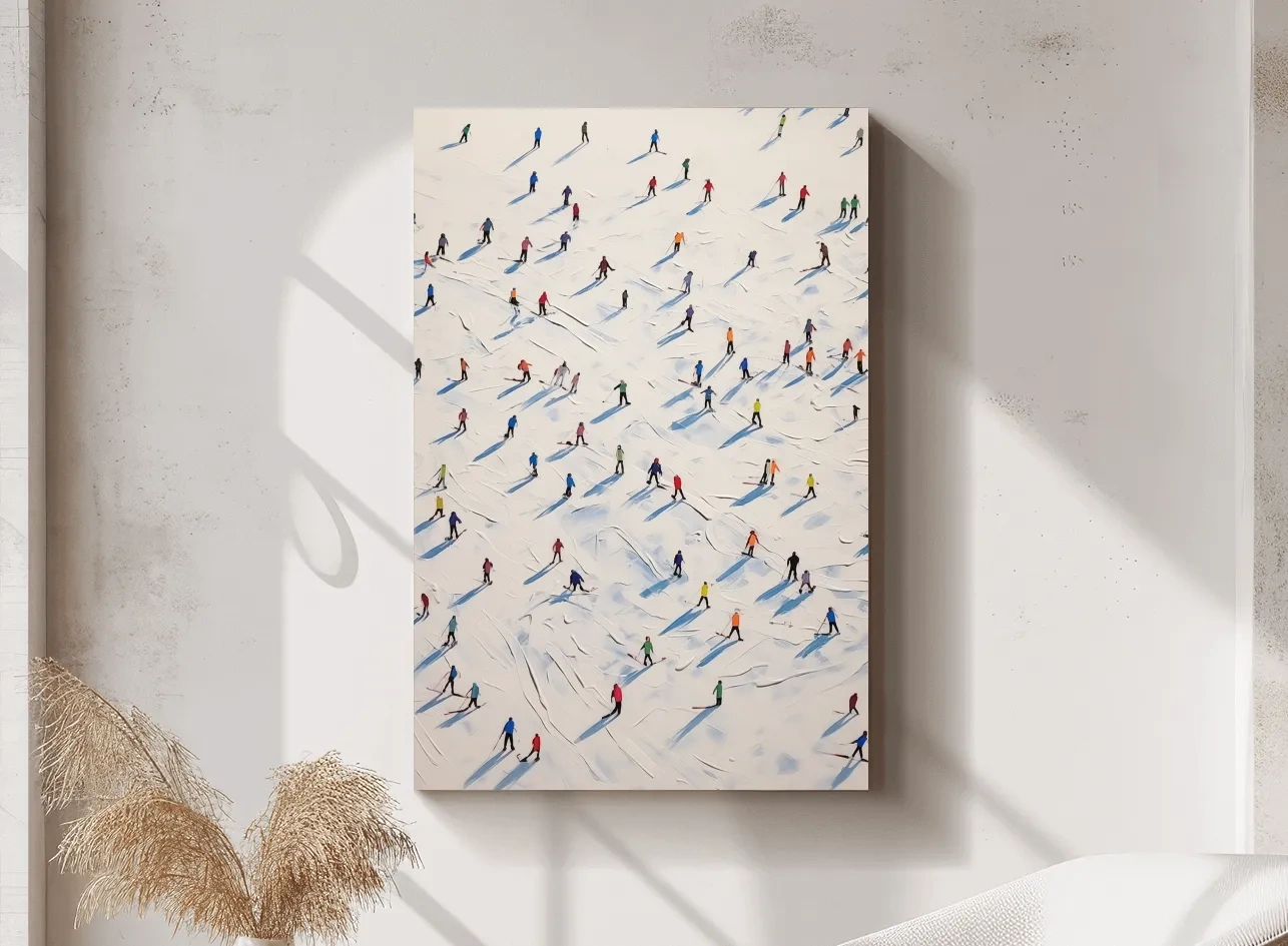 Colorful Skiers On Snowy Slopes - Modern Minimalist Winter Sports Wall Art