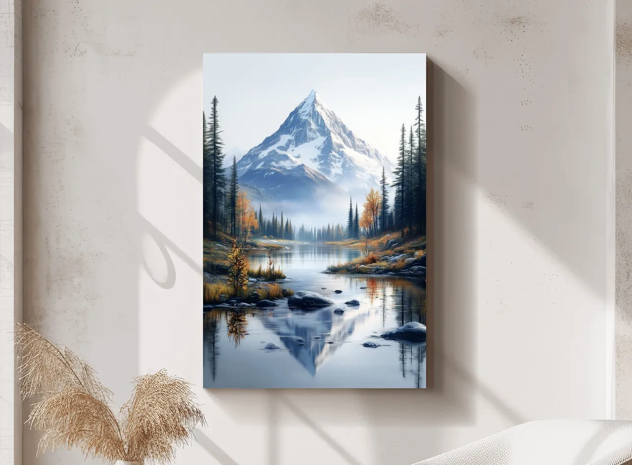 Majestic Snowcapped Mountain Lake Artwork - Serene Alpine Meadows Wall Art
