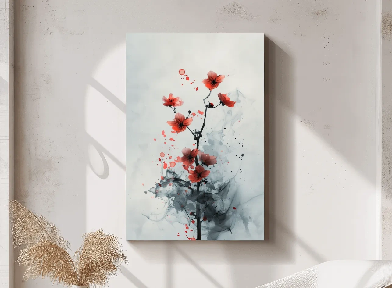 Red Cherry Blossom Ink Wash Painting - Minimalist Floral Wall Art