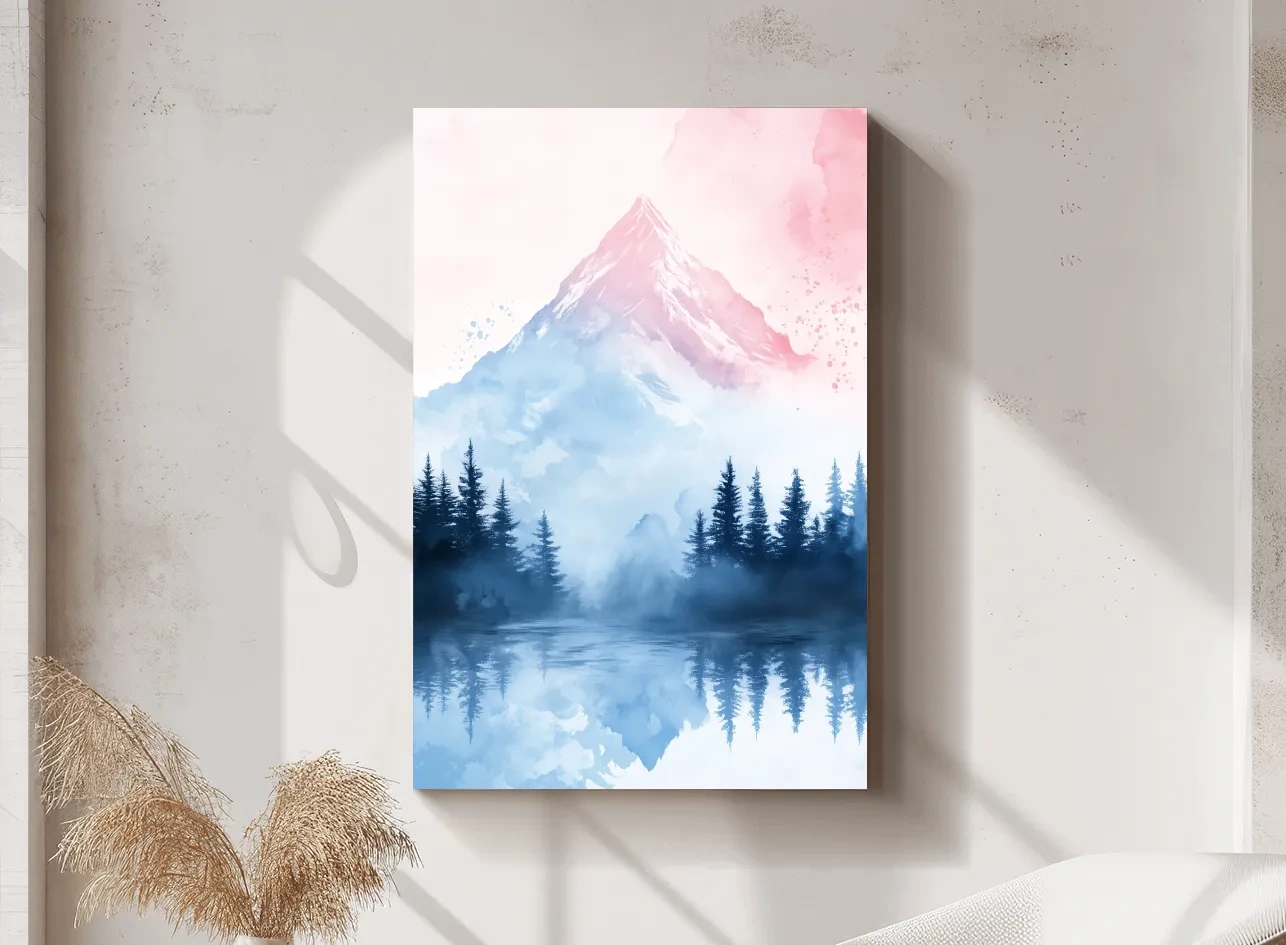 Dreamy Watercolor Alpine Lake Reflection - Pastel Forest Wall Art