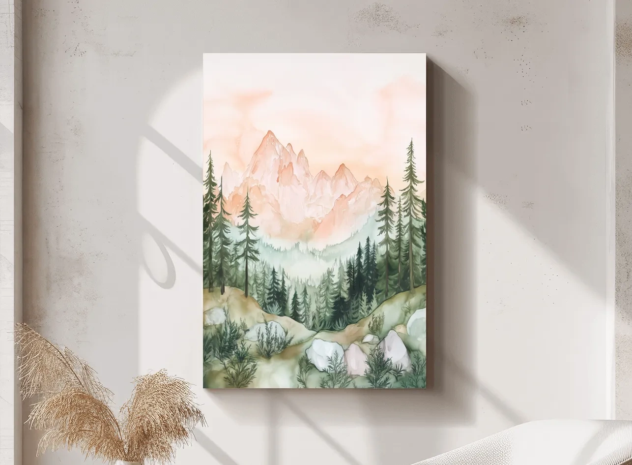 Pastel Watercolor Mountain Peaks & Pine Forest - Serene Alpine Landscape Artwork