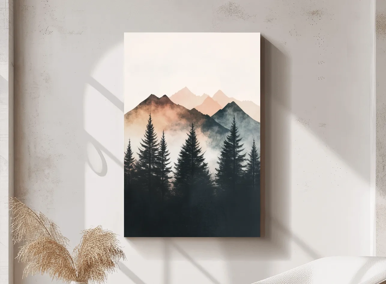 Misty Watercolor Mountain Pine Forest - Serene Nordic Wall Art