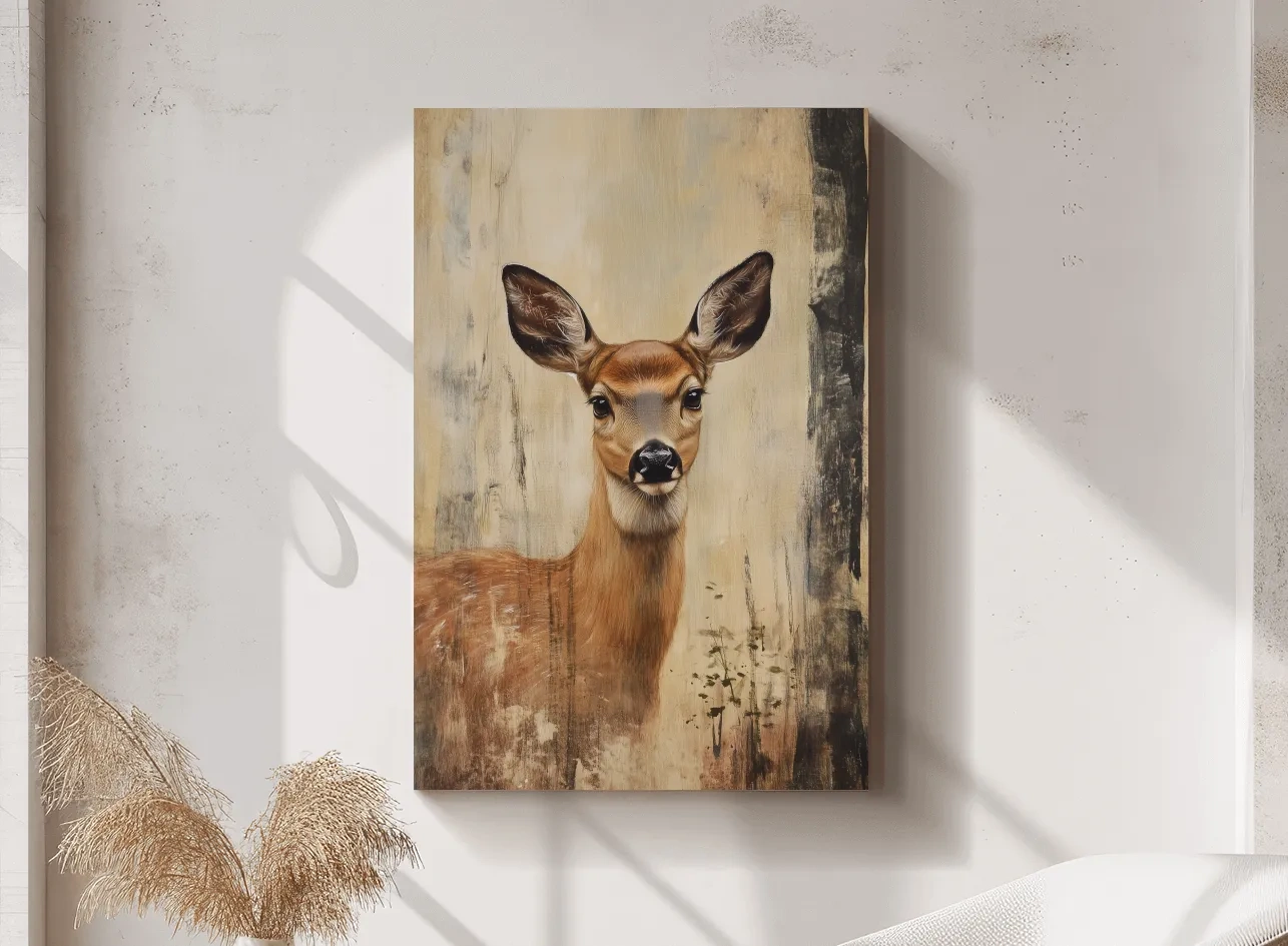 Rustic Whitetail Fawn Portrait Painting - Woodland Wildlife Wall Art