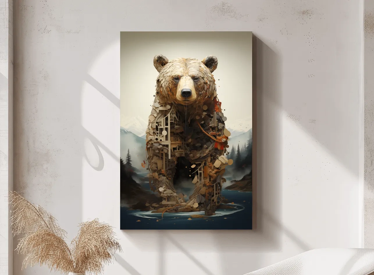 Surreal Grizzly Bear Collage Illustration - MC Escher Style Wildlife Wall Art