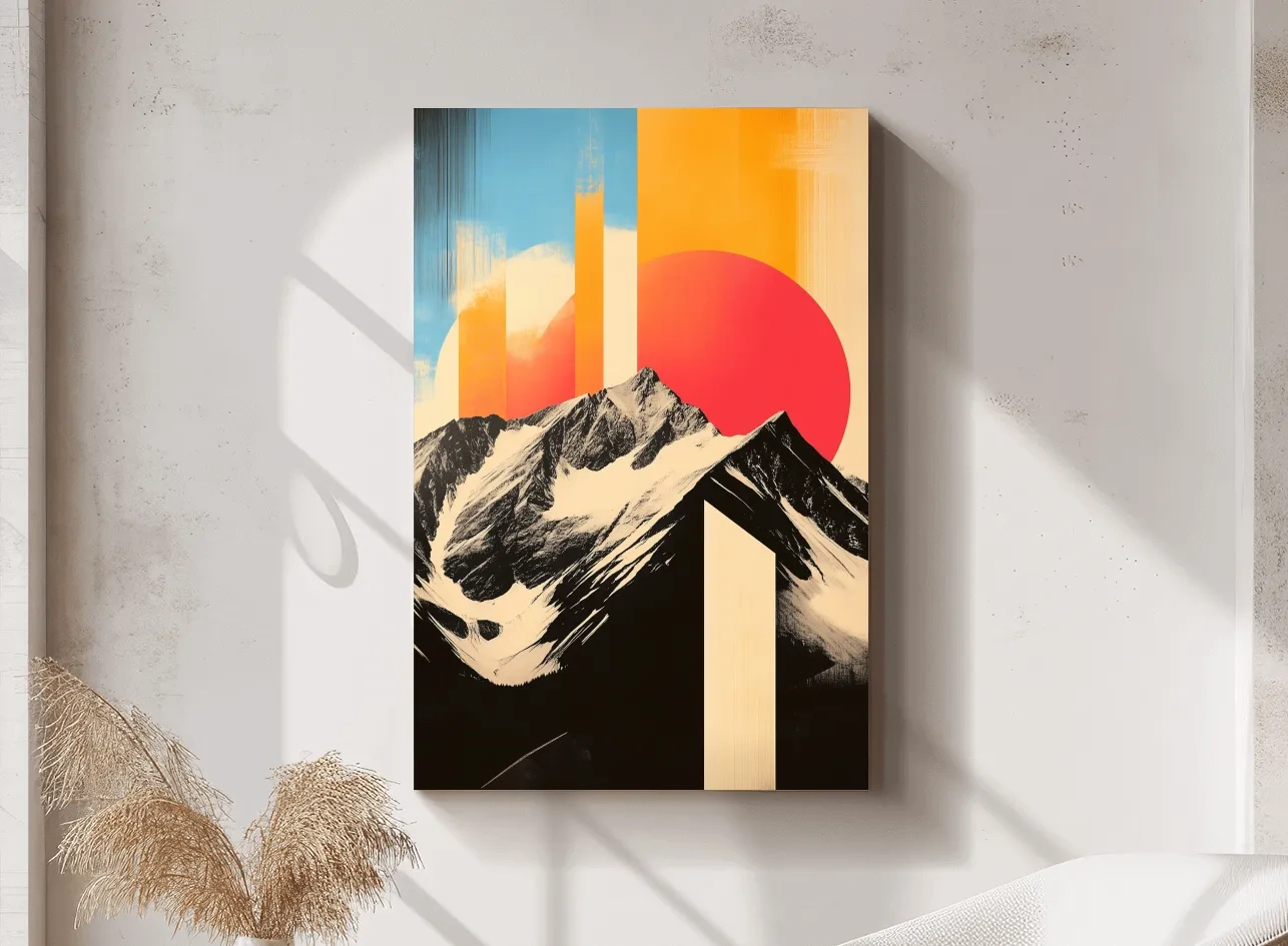 Retro Snowcapped Mountain Sunset Collage - Modern Geometric Landscape Wall Art