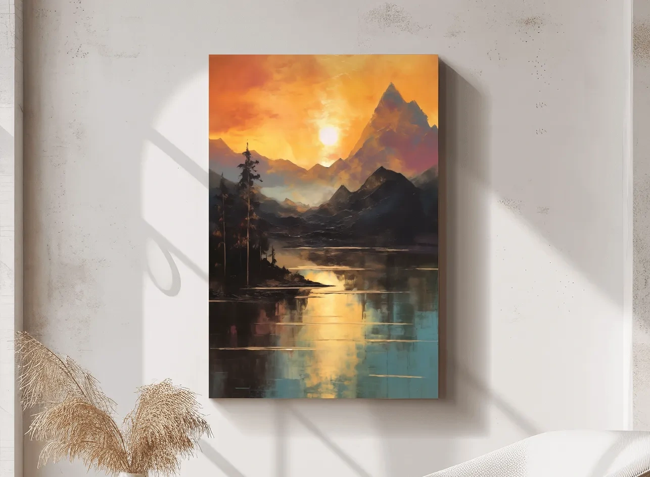 Golden Sunset Alpine Lake Reflection - Mountain Oil Painting Wall Art