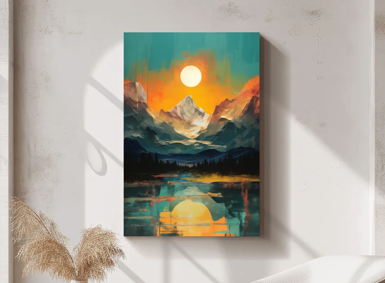 Vibrant Abstract Mountain Lake Sunset - Colorful Landscape Wall Art