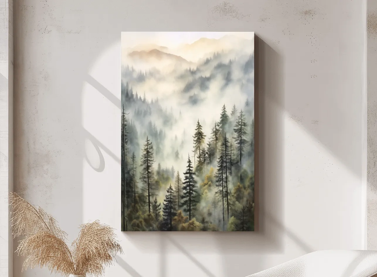 Misty Pine Forest Mountains Watercolor - Serene Foggy Landscape Wall Art