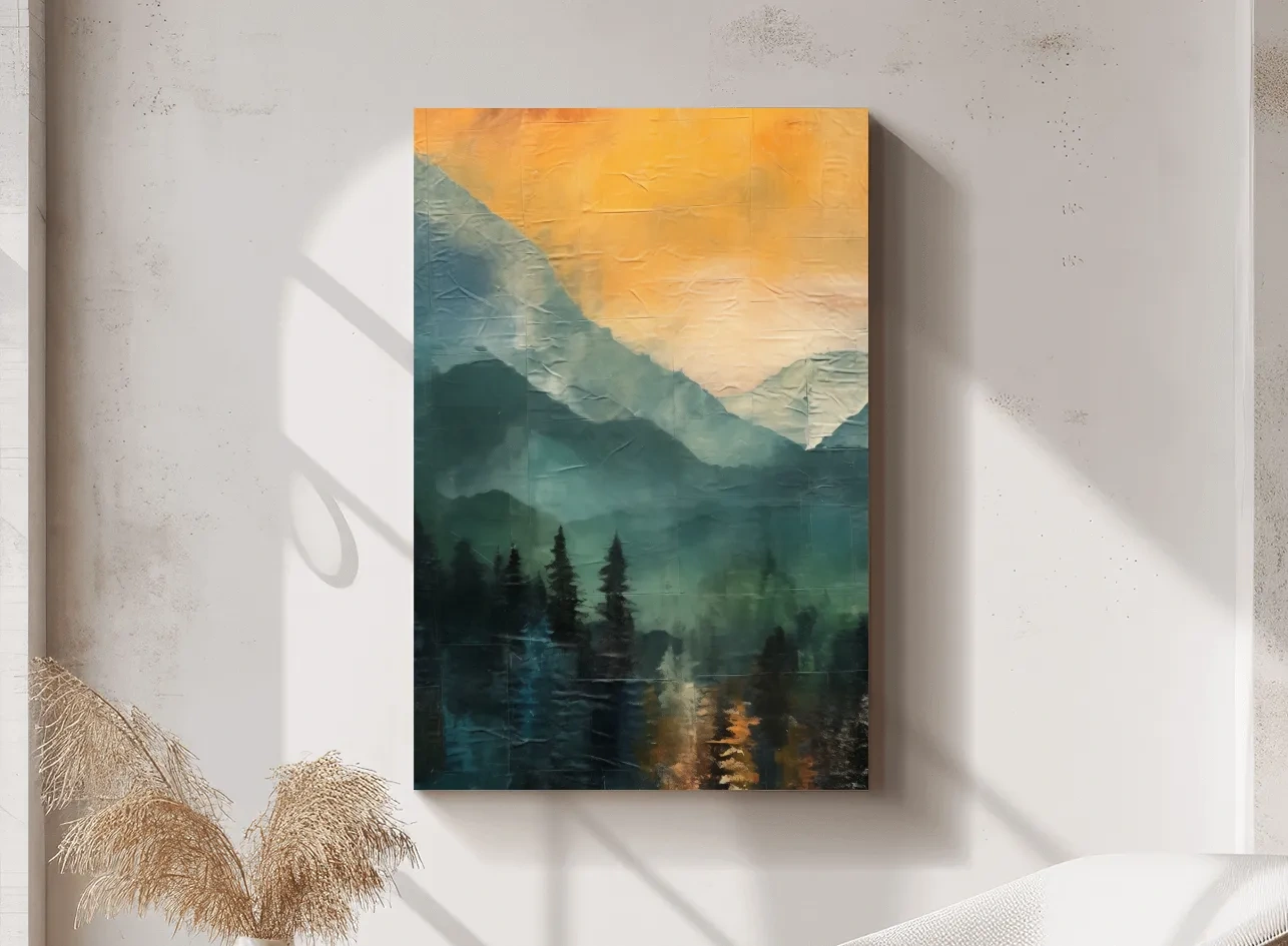 Rustic Misty Mountain Lake Reflection - Textured Watercolor Style Sunset Wall Art