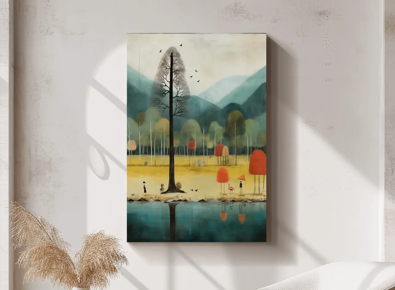 Whimsical Autumn Forest Lake Landscape - Quirky Nature Wall Art