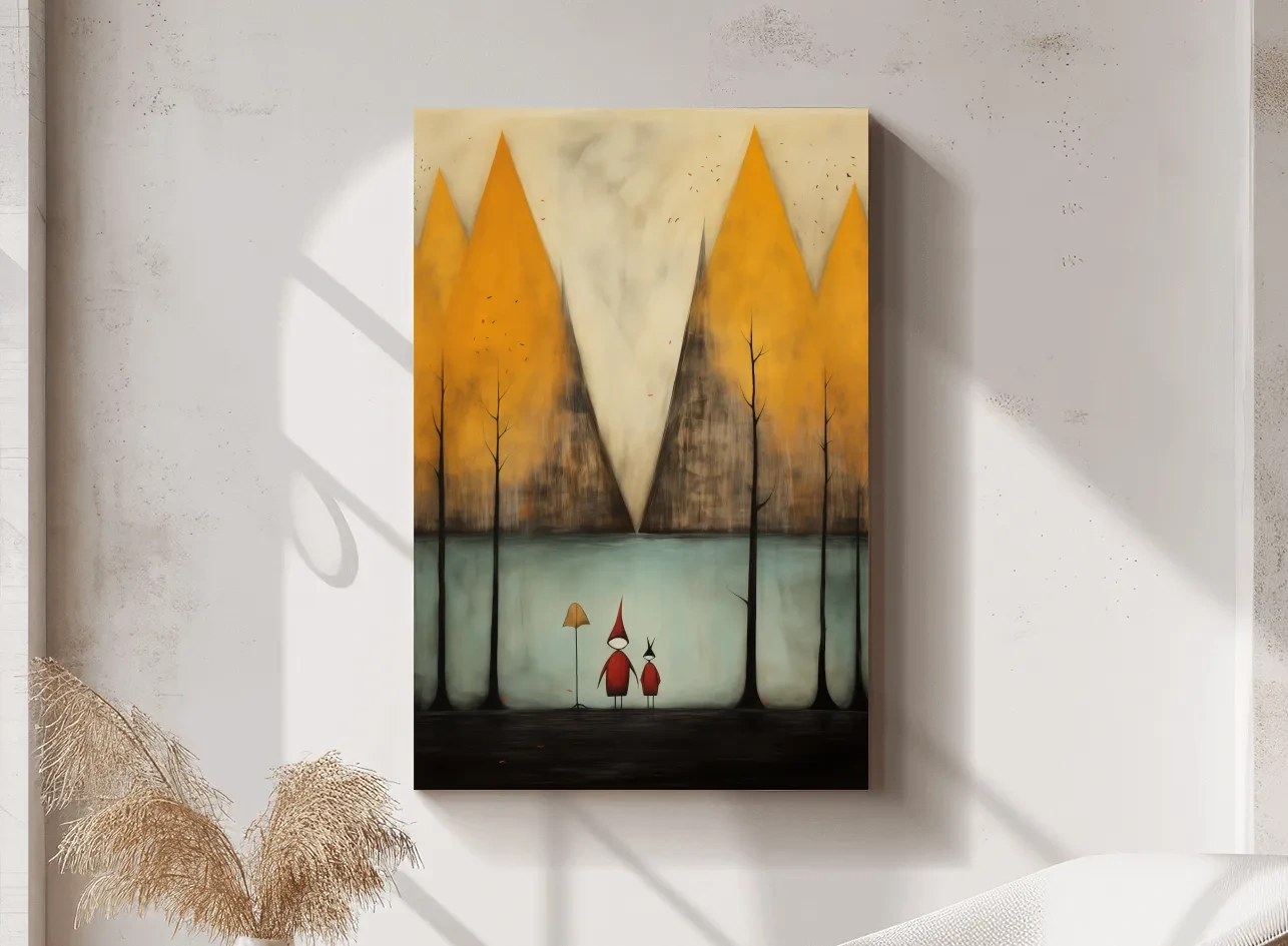 Whimsical Mountain Lake Scene Painting - Storybook Landscape Wall Art
