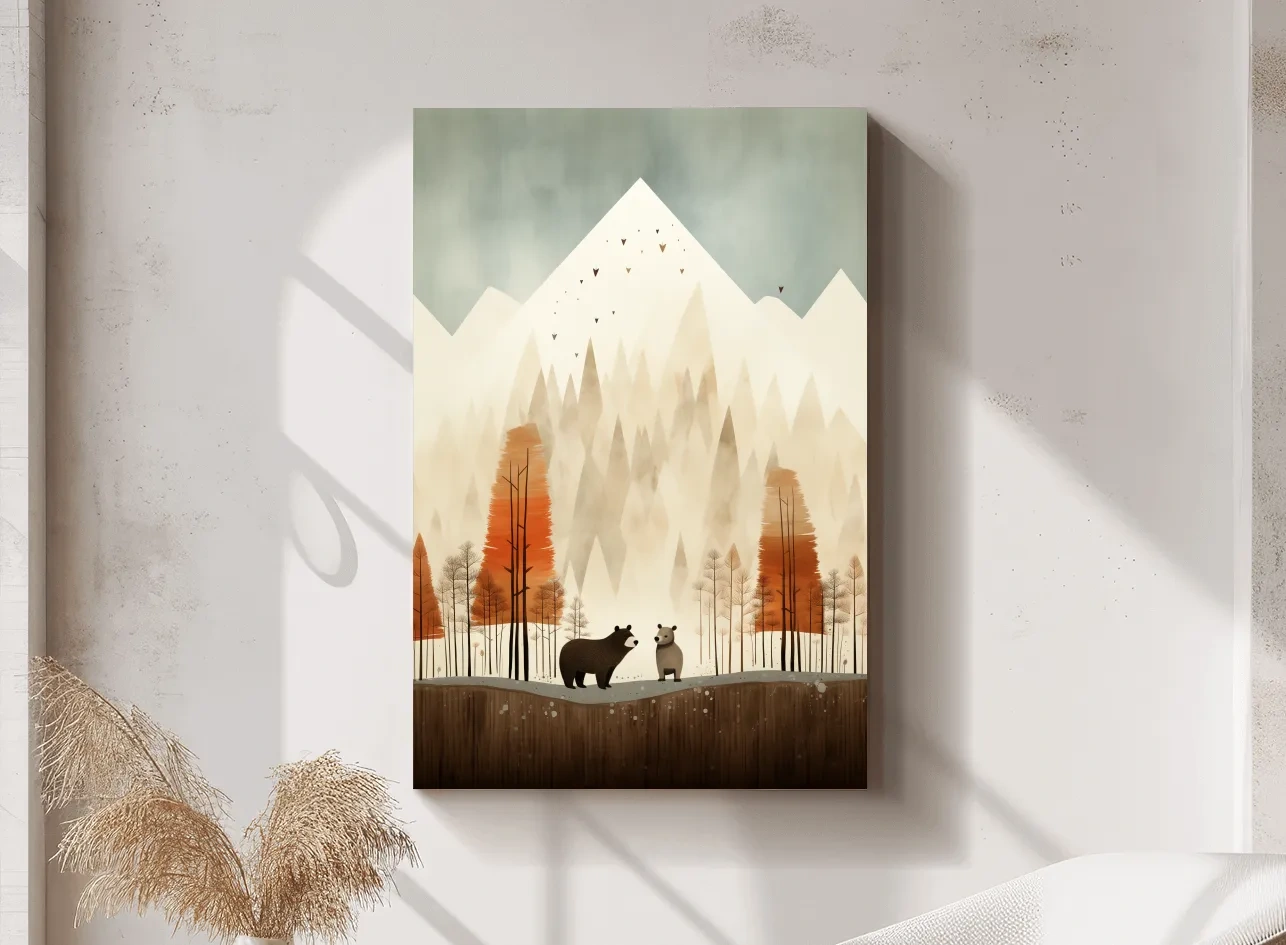 Whimsical Bear Family Autumn Forest Illustration - Nursery Woodland Wall Art