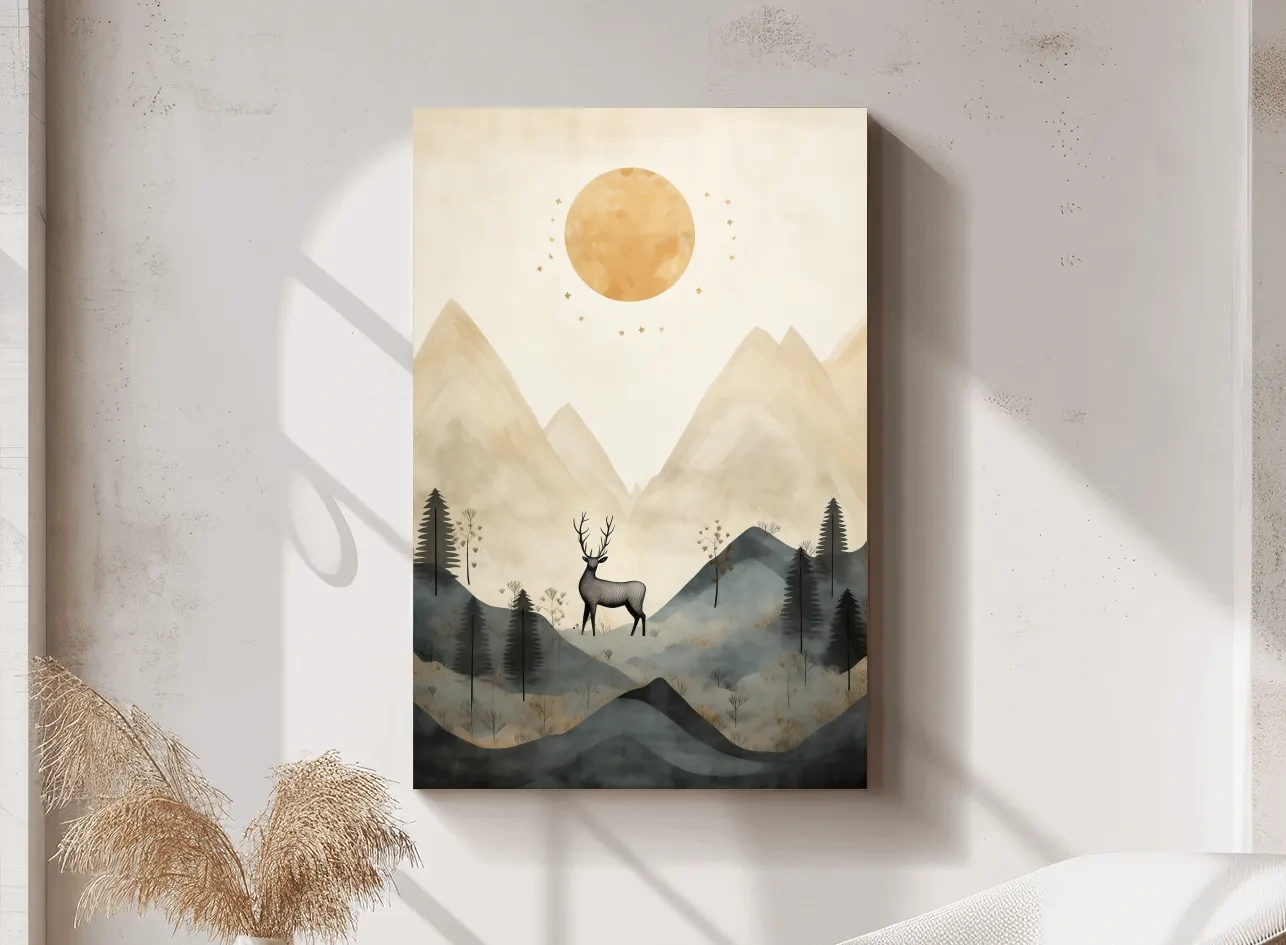 Boho Deer In Misty Mountains - Woodland Landscape Wall Art
