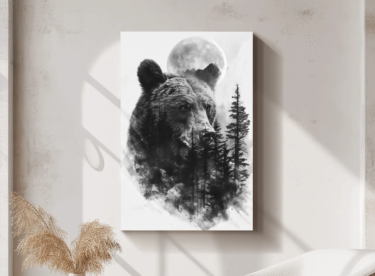 Grizzly Bear Moon Forest Drawing - Black And White Double Exposure Wildlife Wall Art