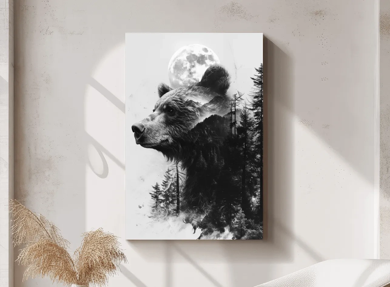 Grizzly Bear Double Exposure Drawing - Moonlit Pine Forest Wildlife Wall Art