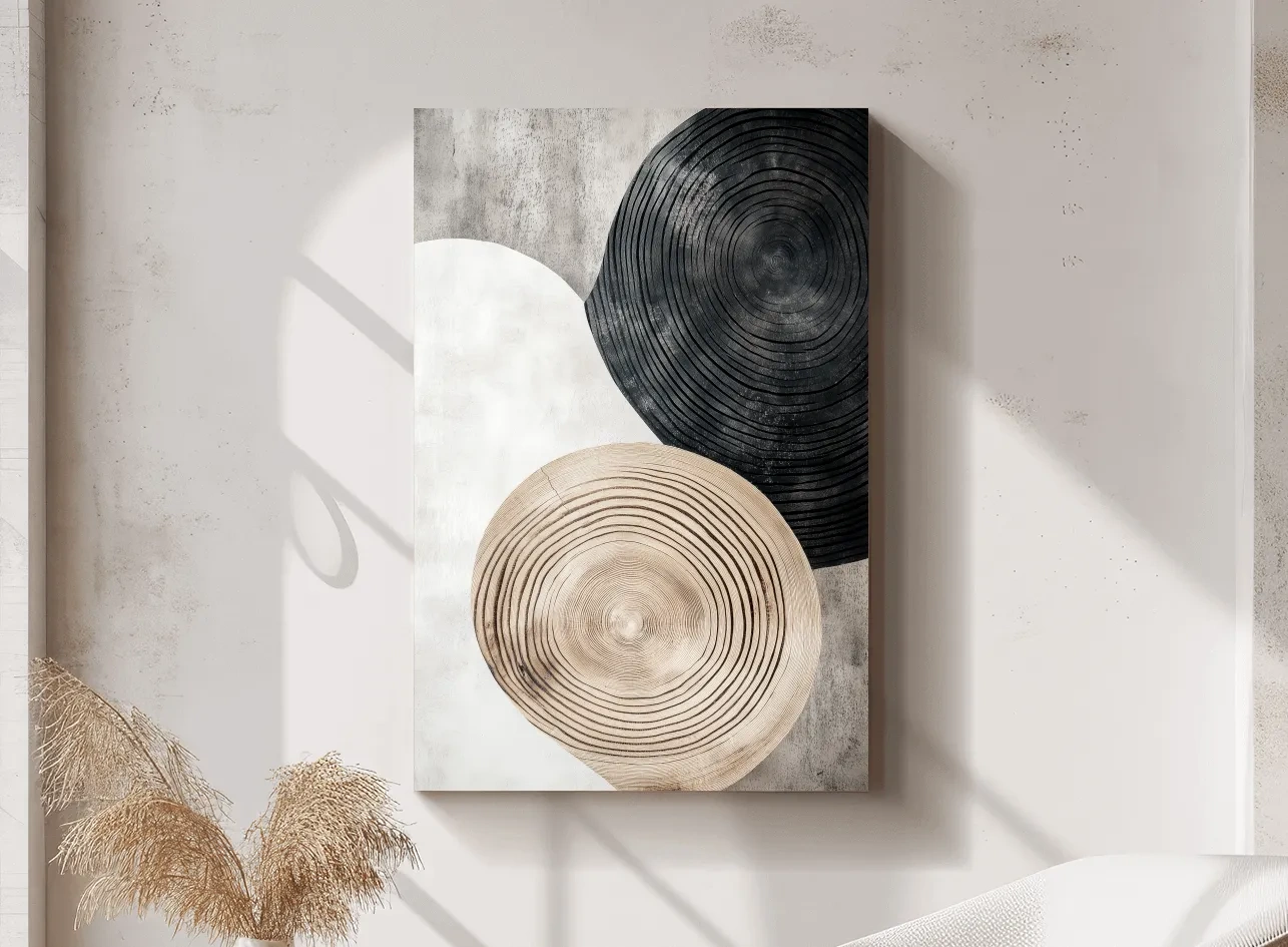 Minimalist Black Beige Wood Grain Circles - Modern Rustic Wall Art