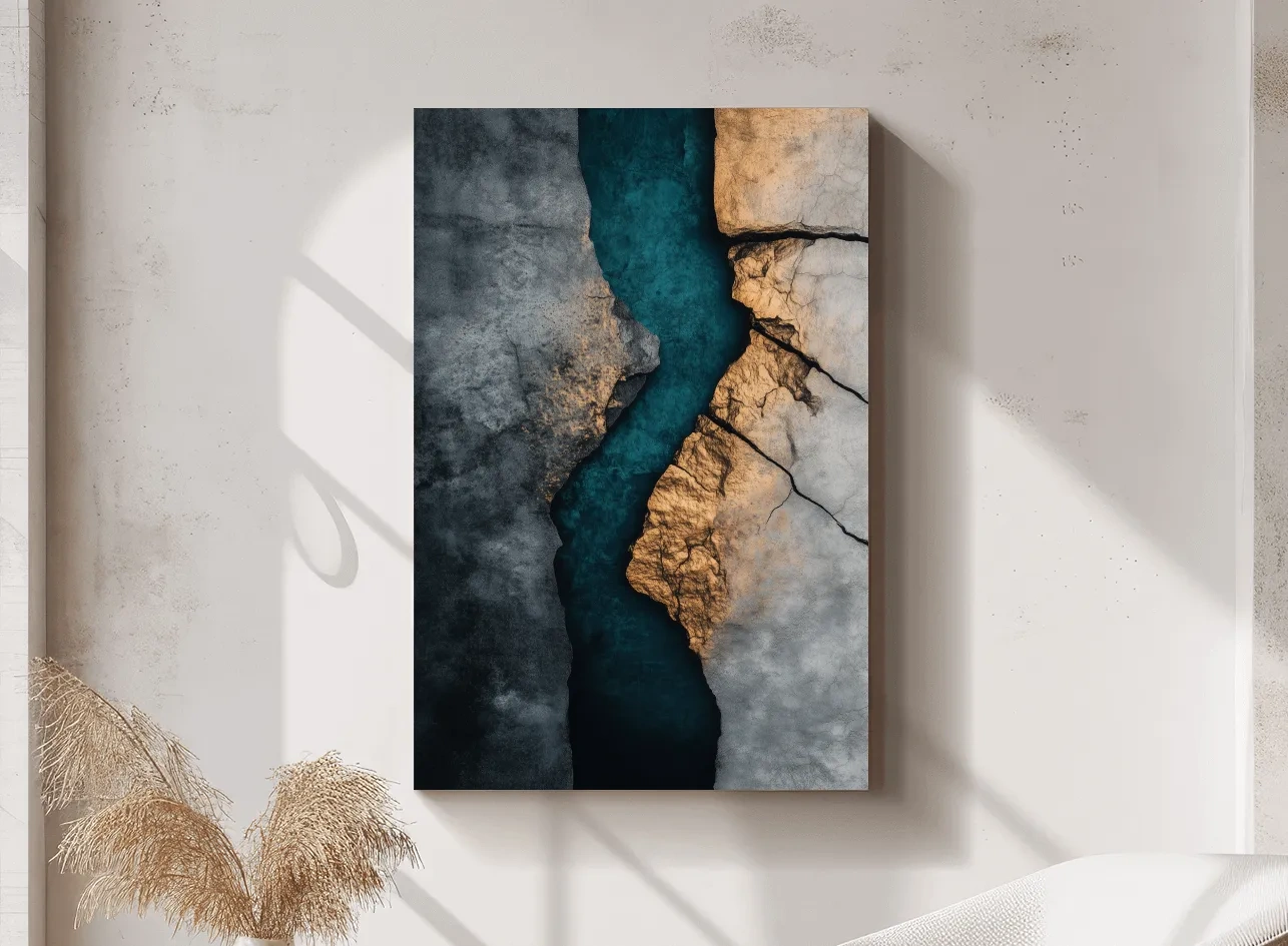 Teal River Canyon With Cracked Stone Texture - Modern Abstract Geode Wall Art