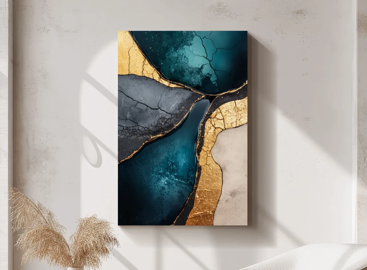 Elegant wall art, gold and teal cracked natural texture elements