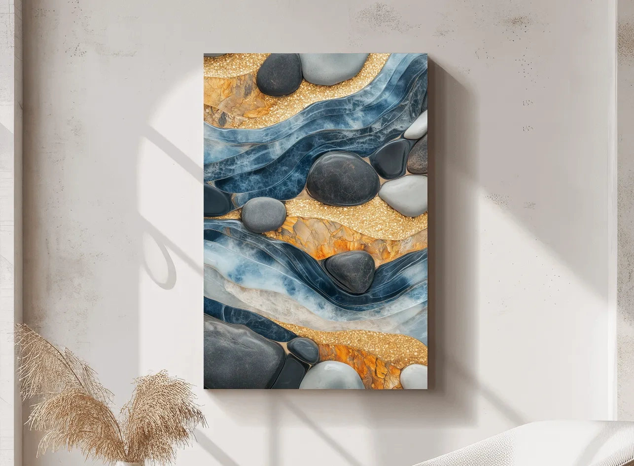Abstract Blue River Stone Mosaic - Modern Pebble Texture Wall Art