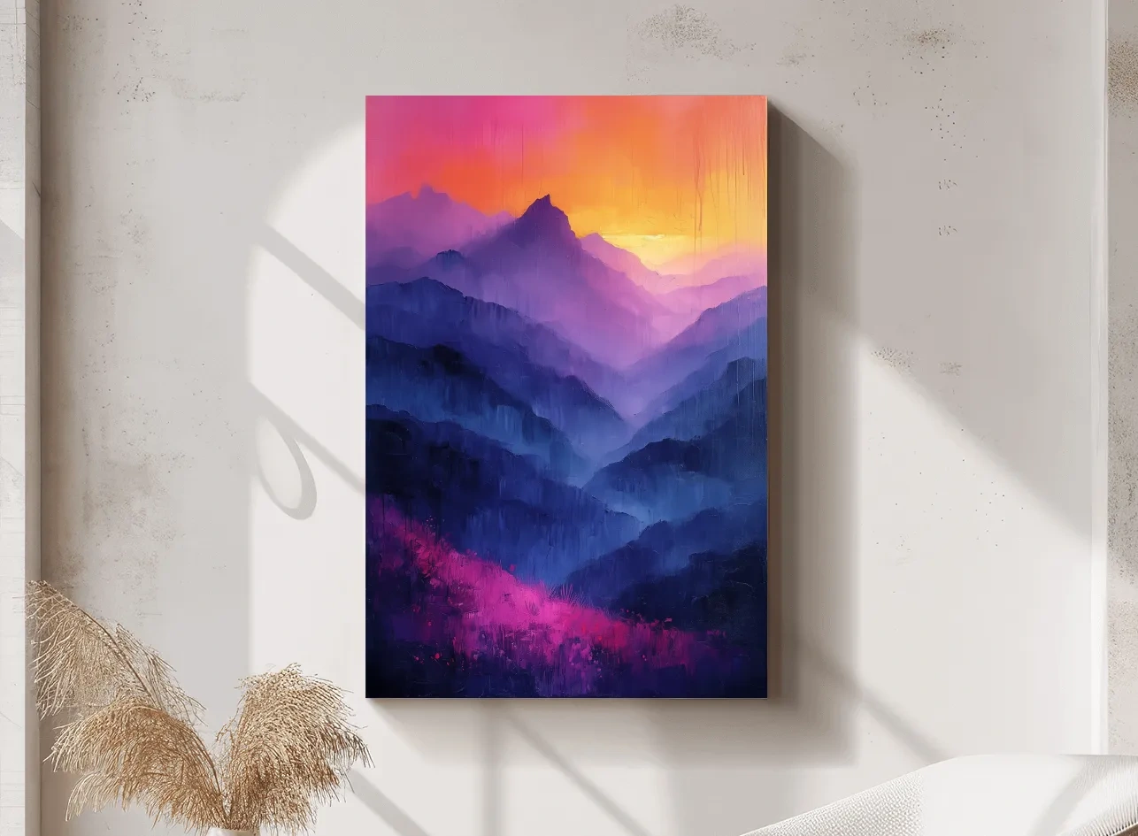 Colorful mountain sunset artwork, vibrant oil painting effect