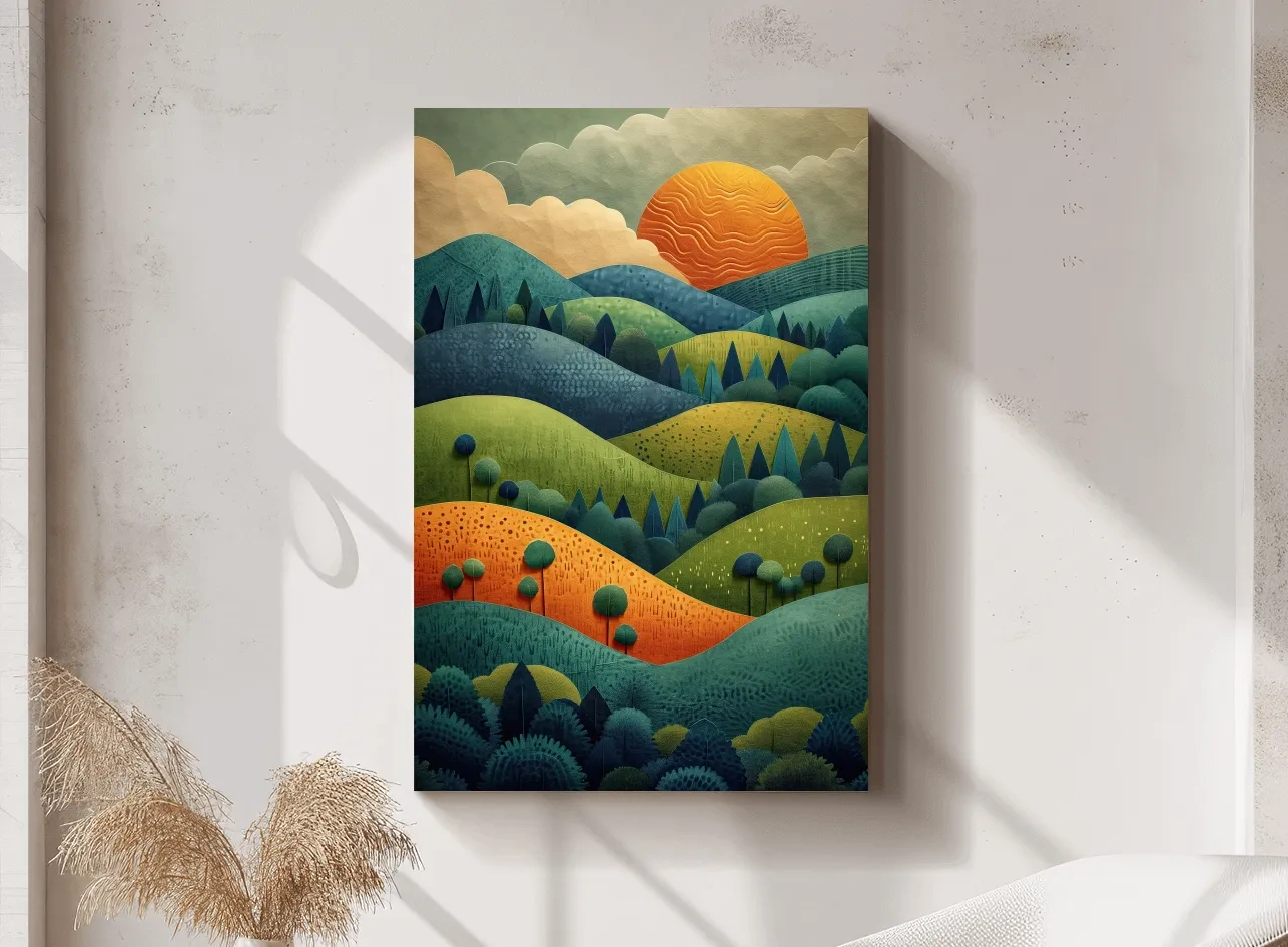 Layered Mountain Sunset Landscape - Mid Century Modern Forest Wall Art