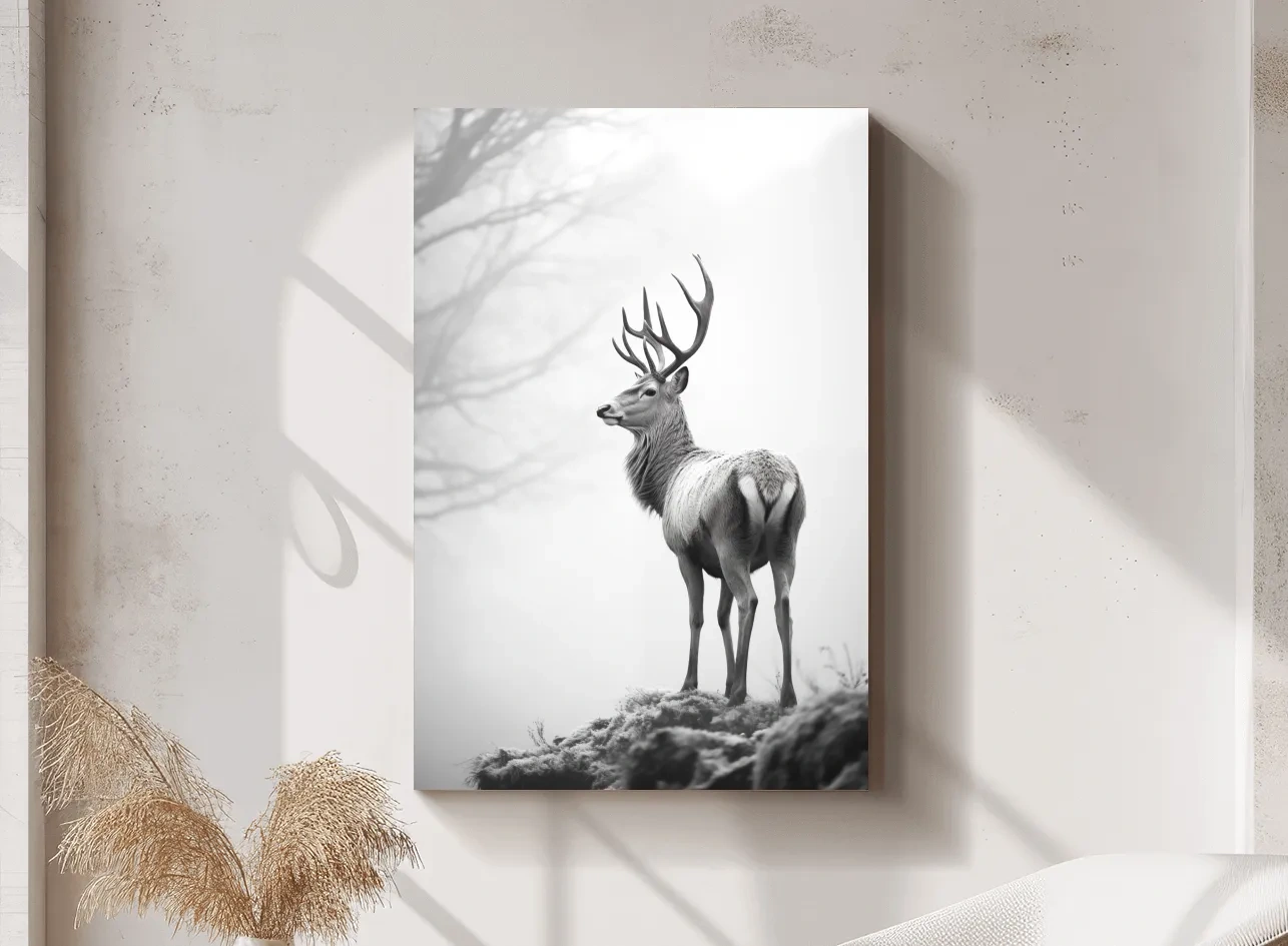 Black And White Stag Portrait - Minimalist Wildlife Photography Wall Art