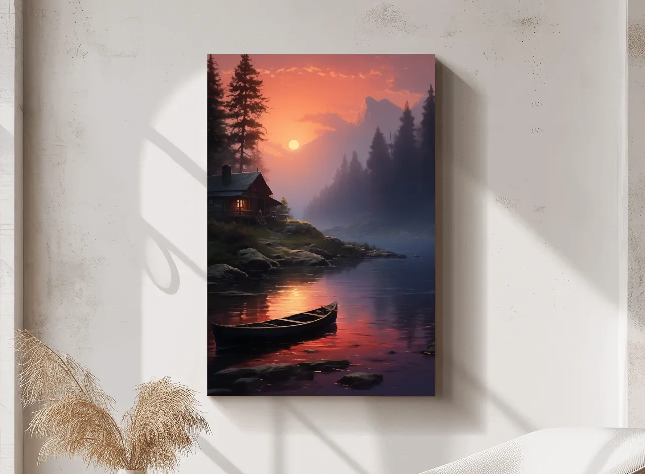 Lakeside Cabin Sunset Landscape - Cinematic Mountain Lake Wall Art