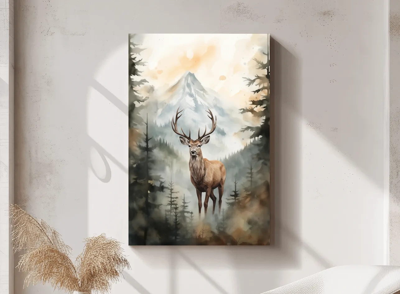 Watercolor Stag In Misty Mountain Forest - Serene Wildlife Wall Art