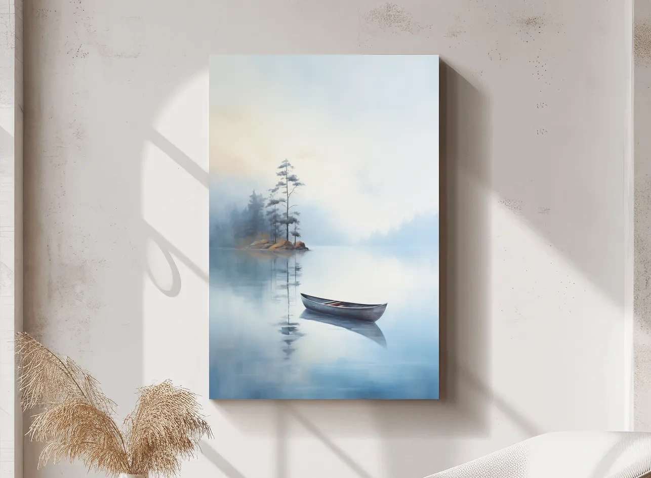 Misty Lake Canoe Painting - Serene Minimalist Watercolor Wall Art