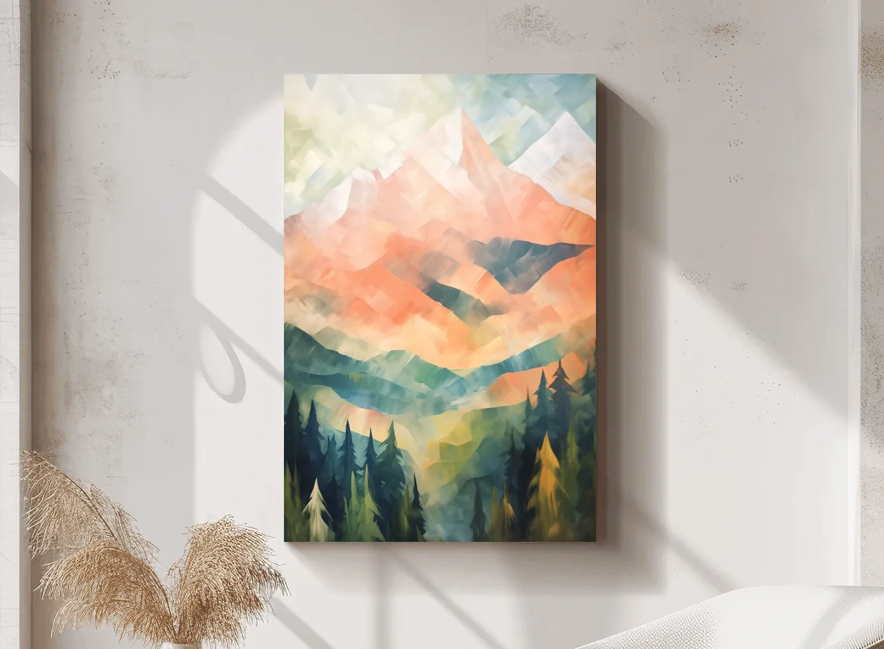 Abstract Pastel Alpine Sunrise Landscape - Colorful Forest Wall Art