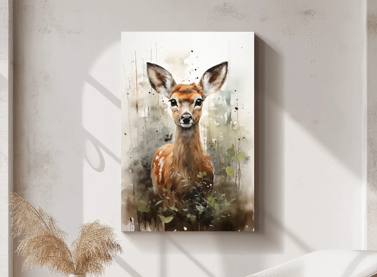 Whimsical Baby Deer Watercolor Portrait - Woodland Nursery Wall Art