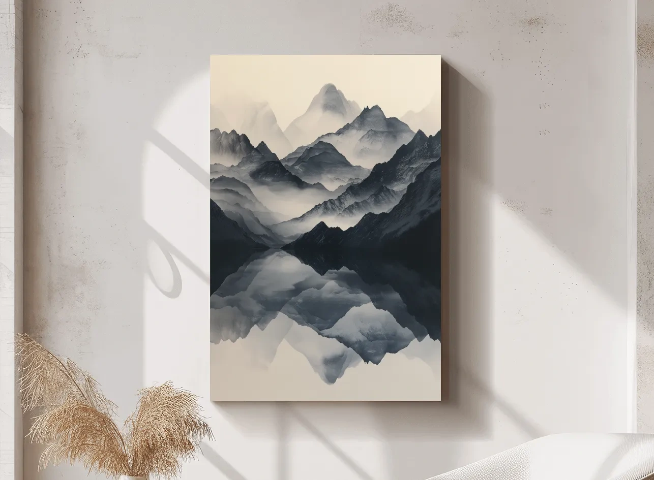 Monochrome Misty Mountain Reflection Landscape - Minimalist Japandi Wall Art
