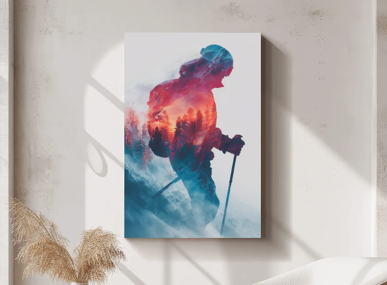 Double Exposure Skiier Silhouette Forest Sunset - Adventure Mountain Landscape Artwork