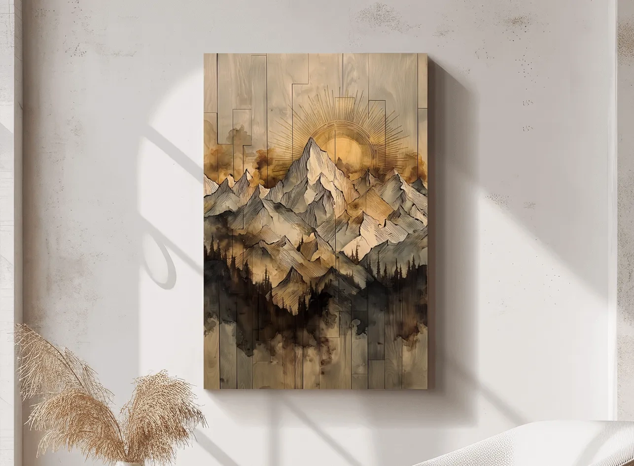 Sunrise Alpine Mountain Range Illustration - Rustic Watercolor Landscape Wall Art
