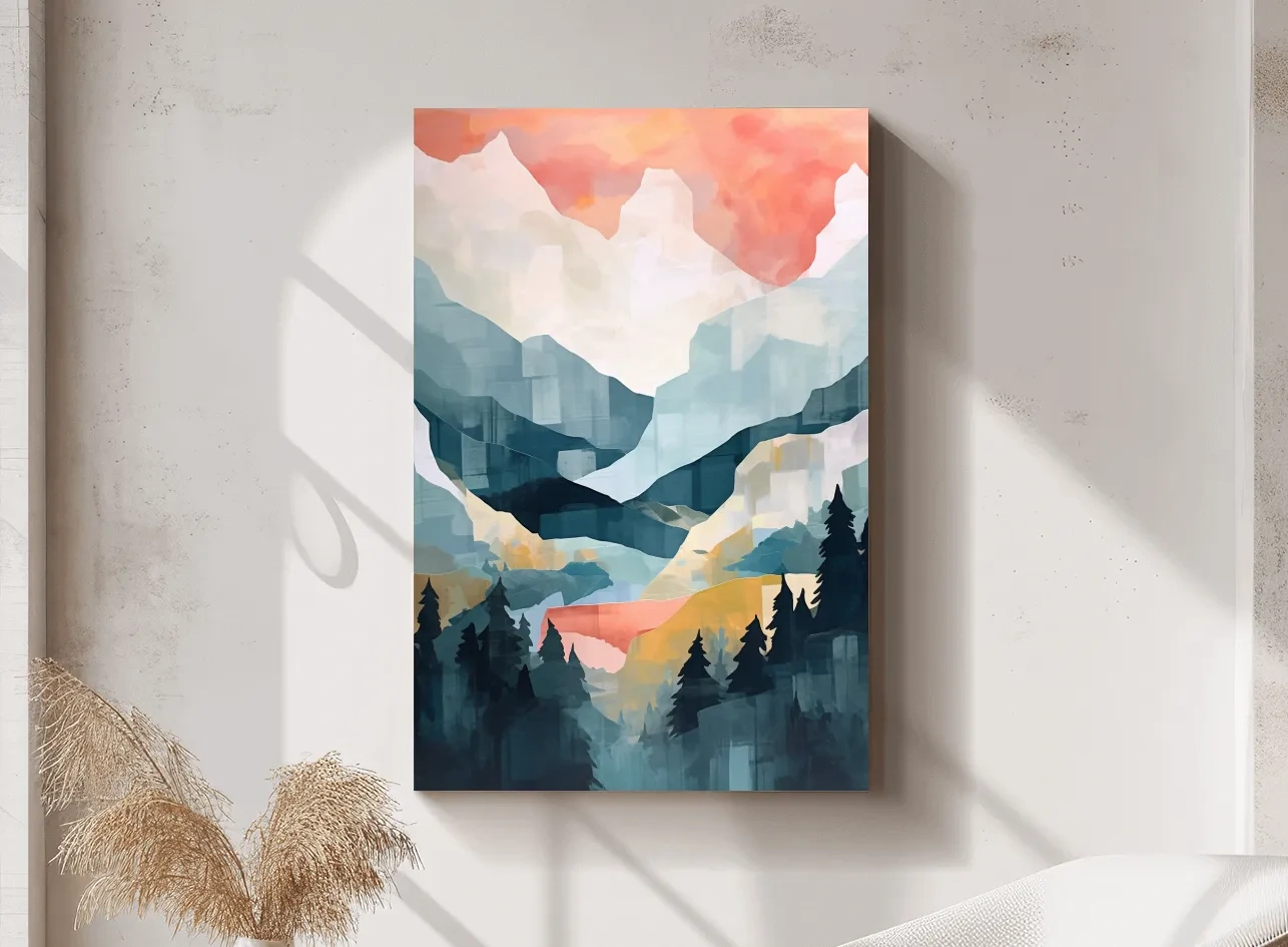 Abstract Watercolor Alpine Mountains At Sunrise - Modern Forest Landscape Artwork