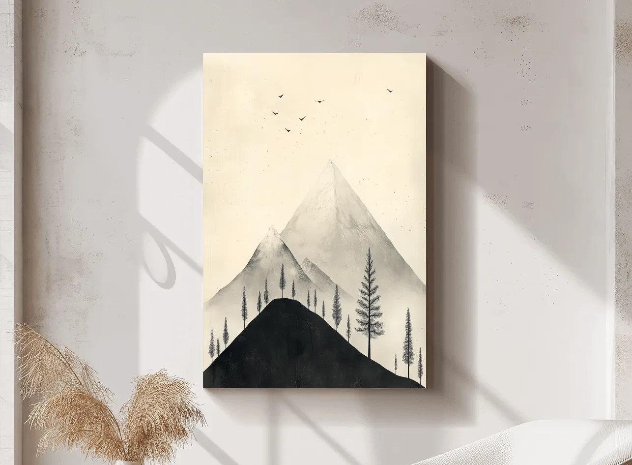 Minimalist mountain artwork with alpine trees and birds, monochrome wall art design