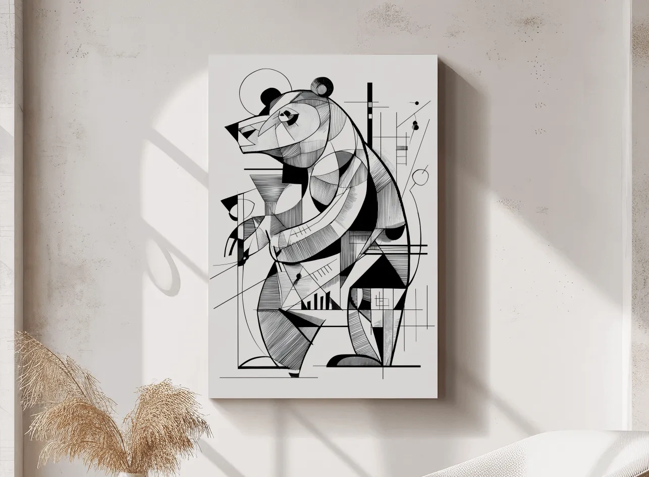 Cubism Abstract Bear Artwork - Modern Black And White Wildlife Wall Art