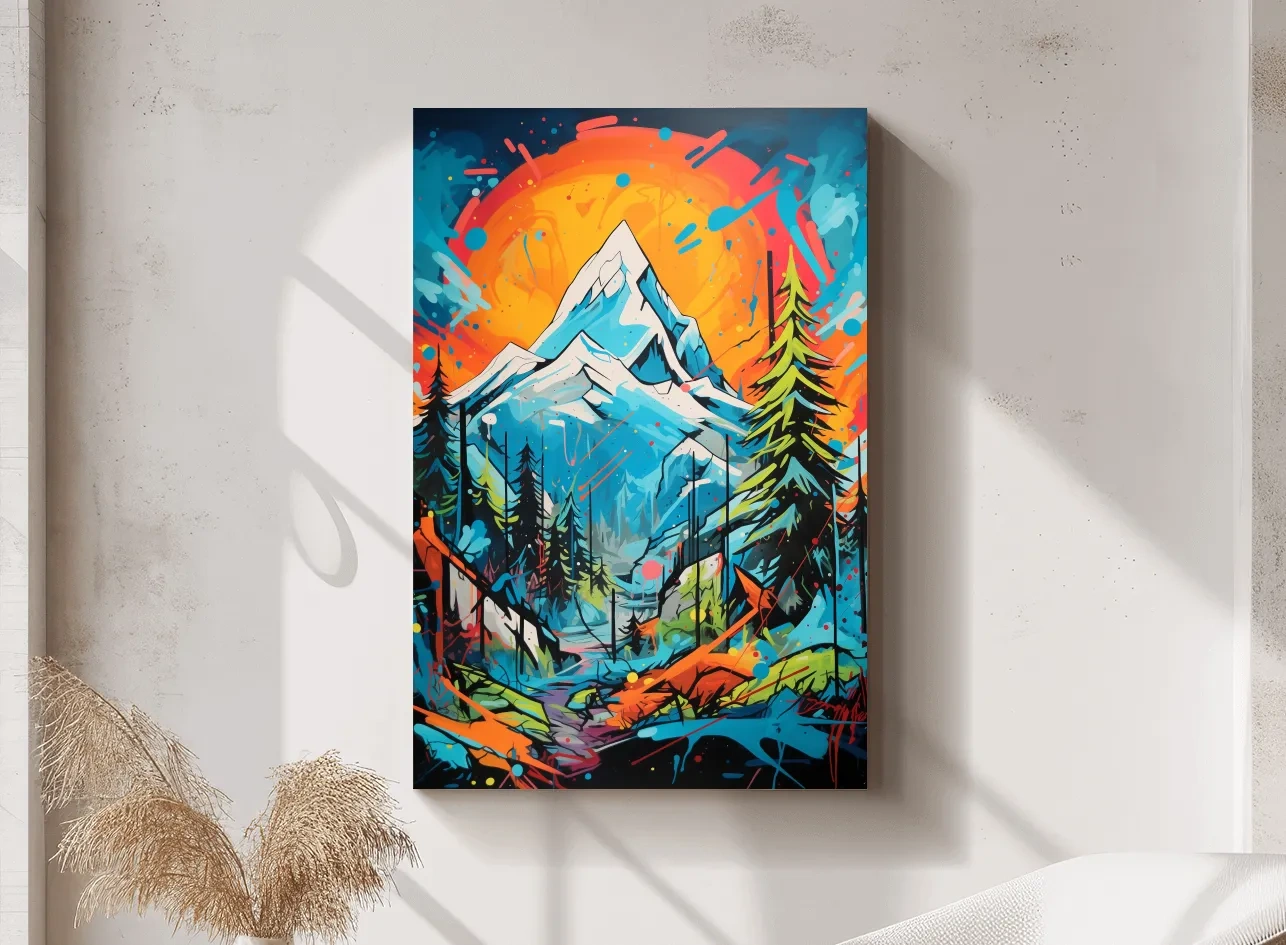 Vibrant Abstract Mountain Sunset Graffitti Painting - Colorful Pop Art Alpine Wall Art