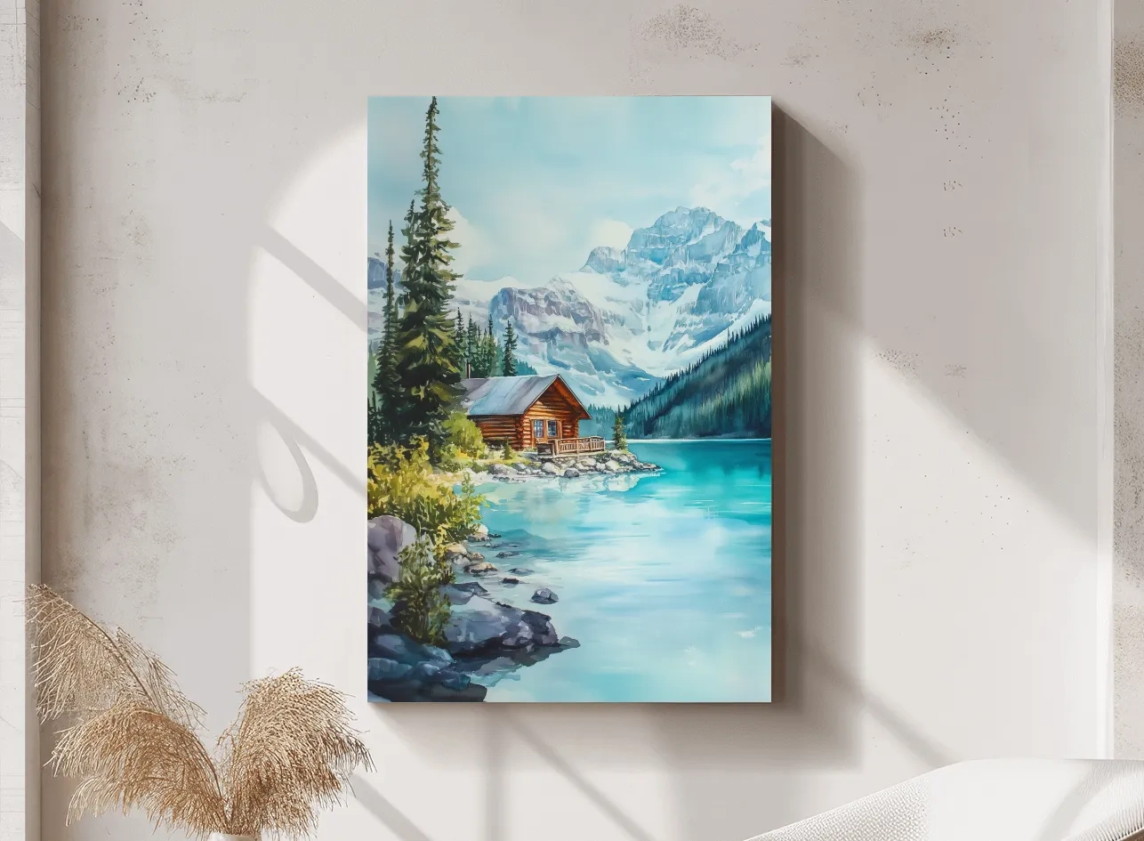 Turquoise Alpine Lake Cabin Watercolor - Serene Snowy Mountain Wall Art
