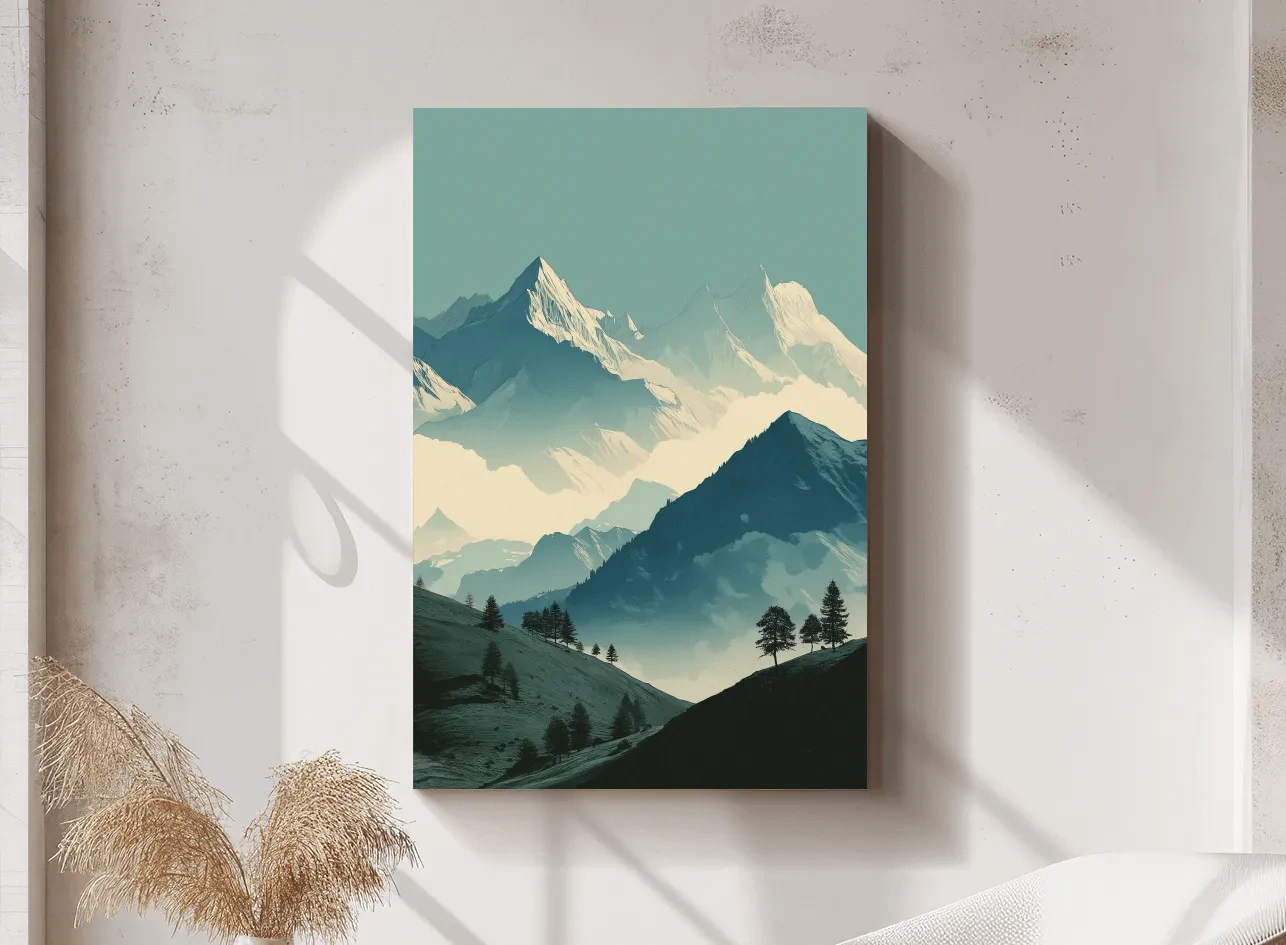 Misty Alpine Mountain Peaks Illustration - Serene Landscape Wall Art