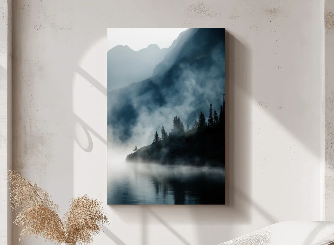 Misty Alpine Lake Landscape Photography - Foggy Pine Forest Nature Wall Art